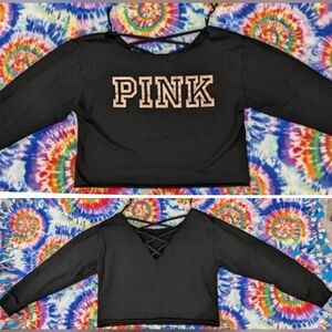 Victoria's Secret PINK Strappy/CrissCross/Lace-Up Back Foil Logo Cropped Sweater
